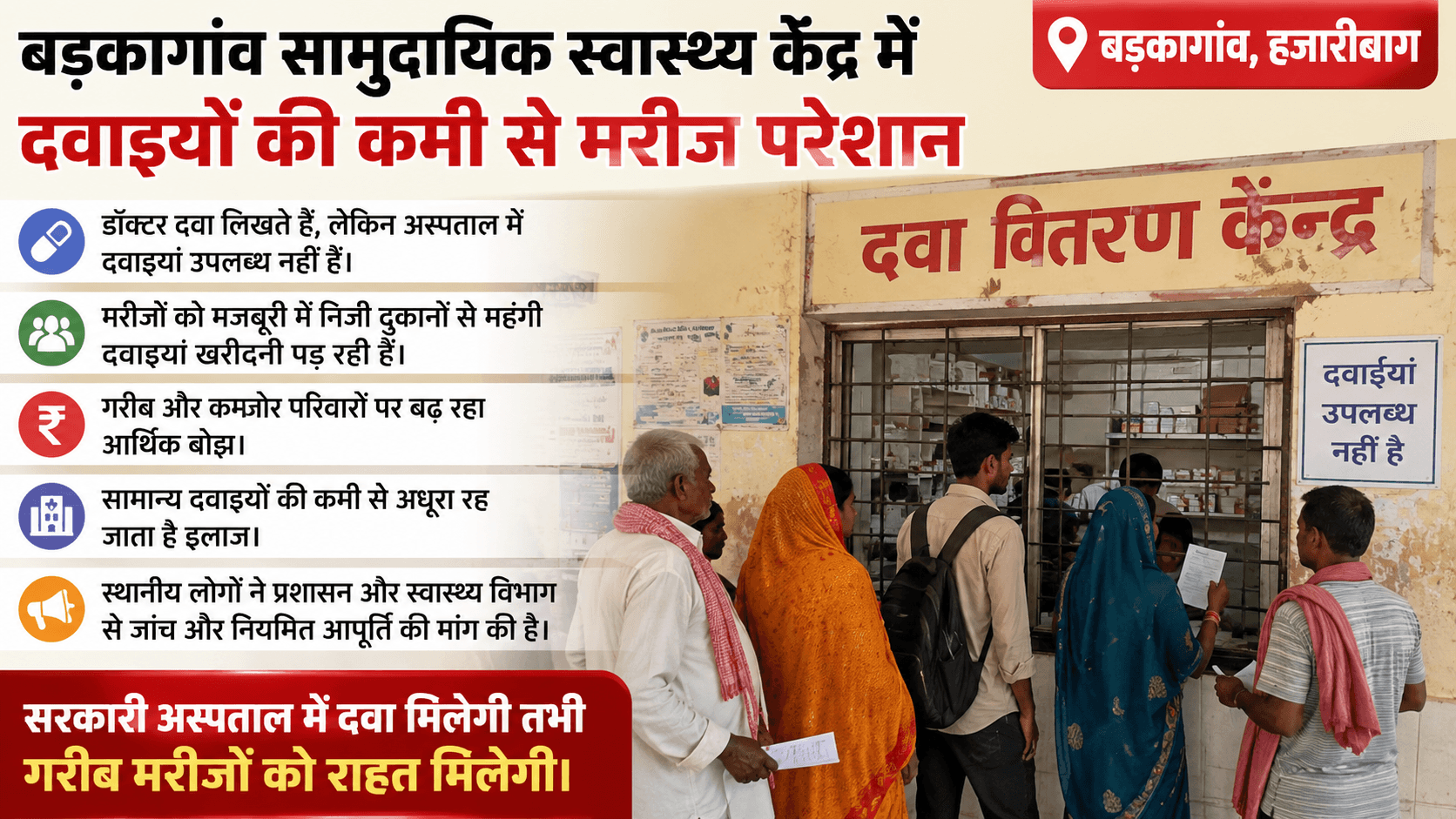 बड़कागांव सरकारी अस्पताल में दवाइयों का संकट, मरीज परेशान