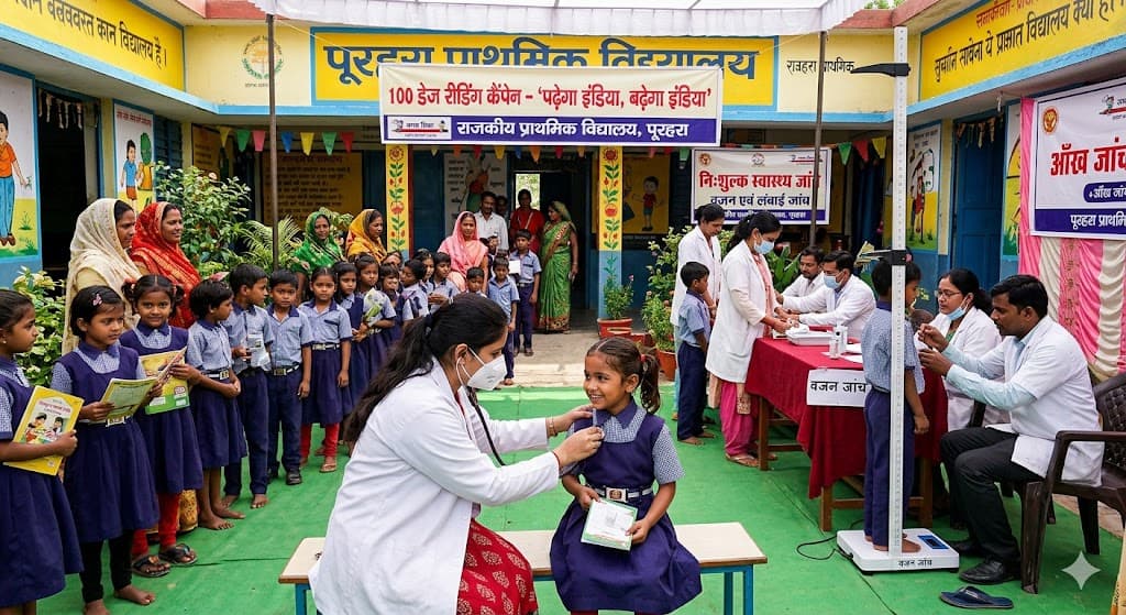 पूरहरा प्राथमिक विद्यालय में 100 डेज कैंपेन के तहत लगा स्वास्थ्य जांच शिविर