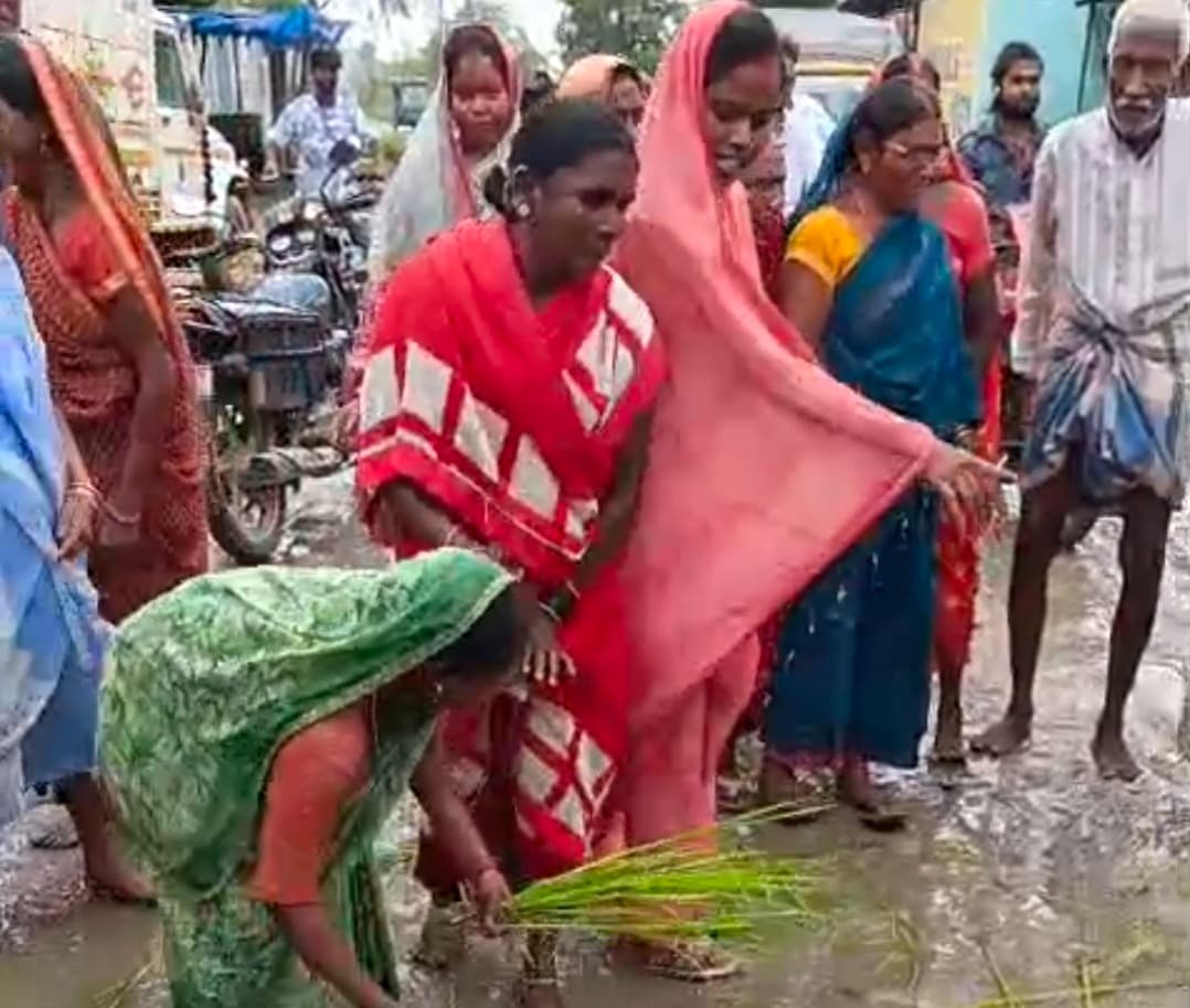 इचाक-बरकट्ठा मुख्य सड़क पर धान रोपकर ग्रामीणों का प्रदर्शन, एक सप्ताह में कार्रवाई की मांग