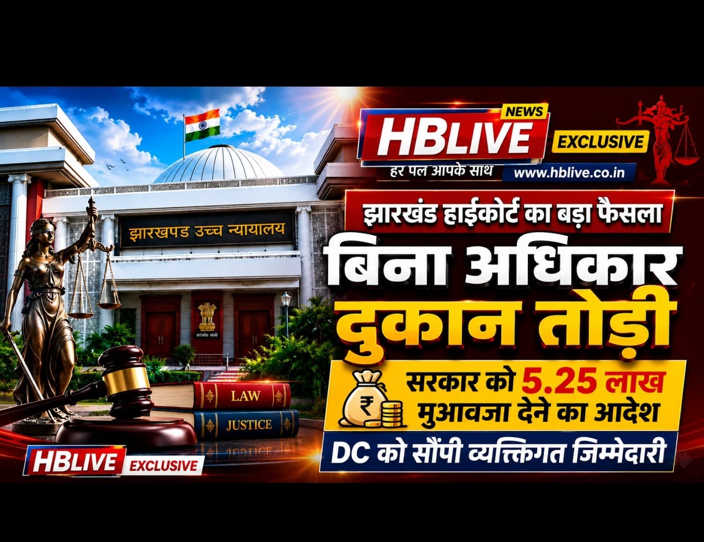 झारखंड हाईकोर्ट का बड़ा फैसला: बिना अधिकार दुकान तोड़ी, सरकार को 5.25 लाख मुआवजा देने का आदेश
