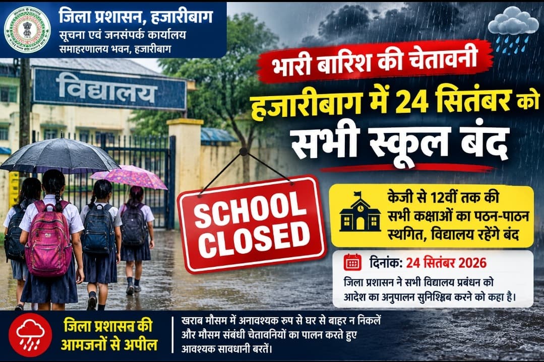 भारी बारिश की चेतावनी, हजारीबाग में 24 सितंबर को सभी स्कूल बंद